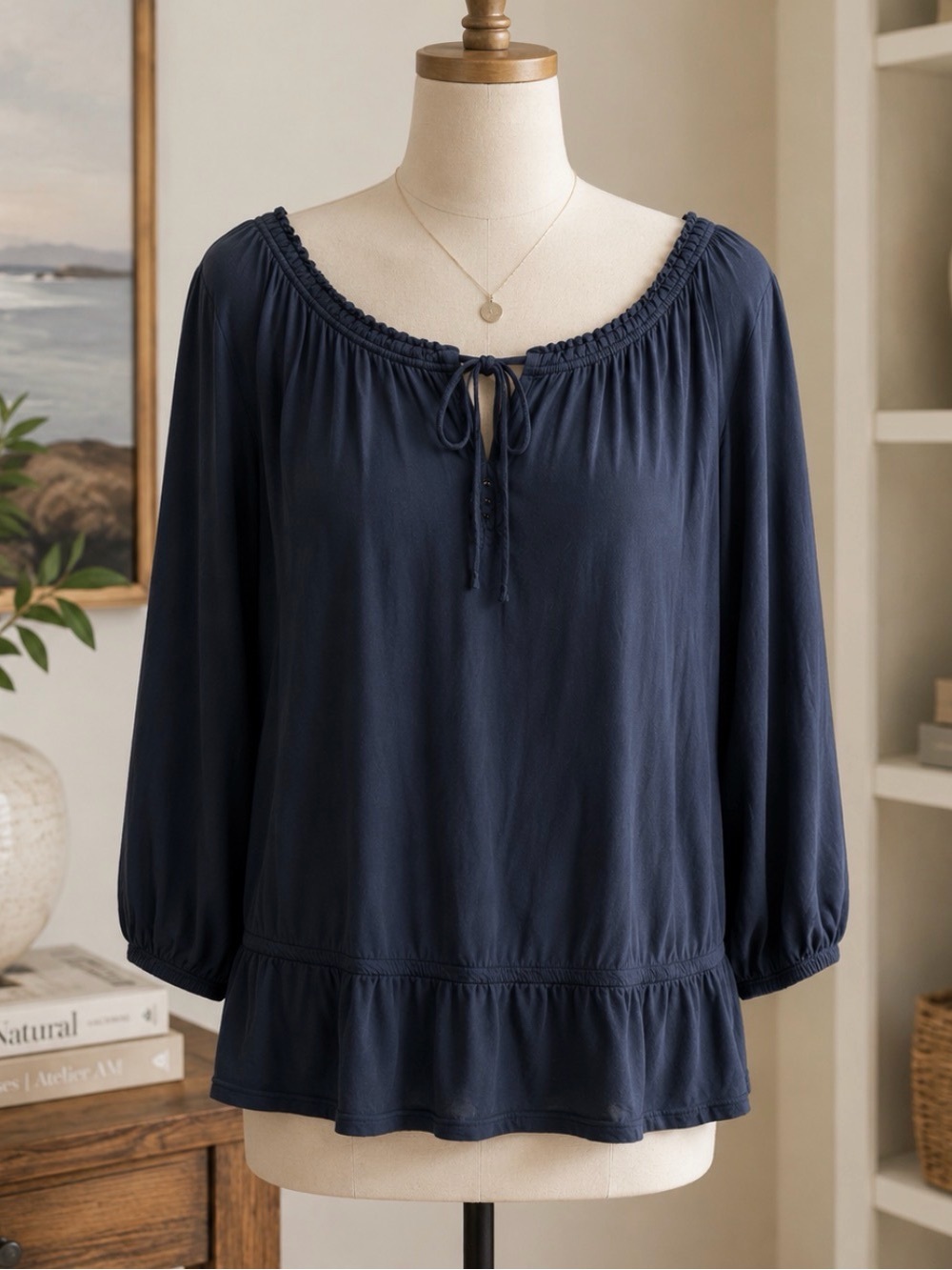 Banana Republic Navy Boatneck Relaxed Peasant Blouse